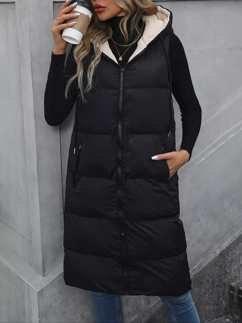 Longline Padded Hooded Vest Coat, image 5