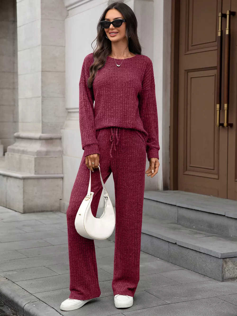 Ribbed Round Neck Top and Pants Set, image 18