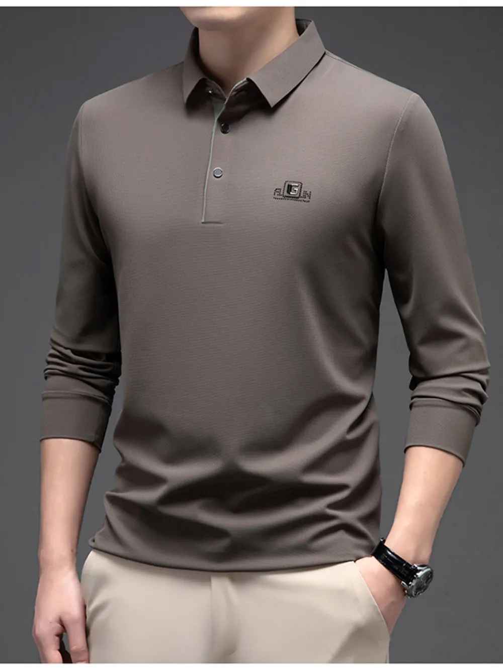 Men's Plus Size Button Detail Long Sleeve Polo, image 5