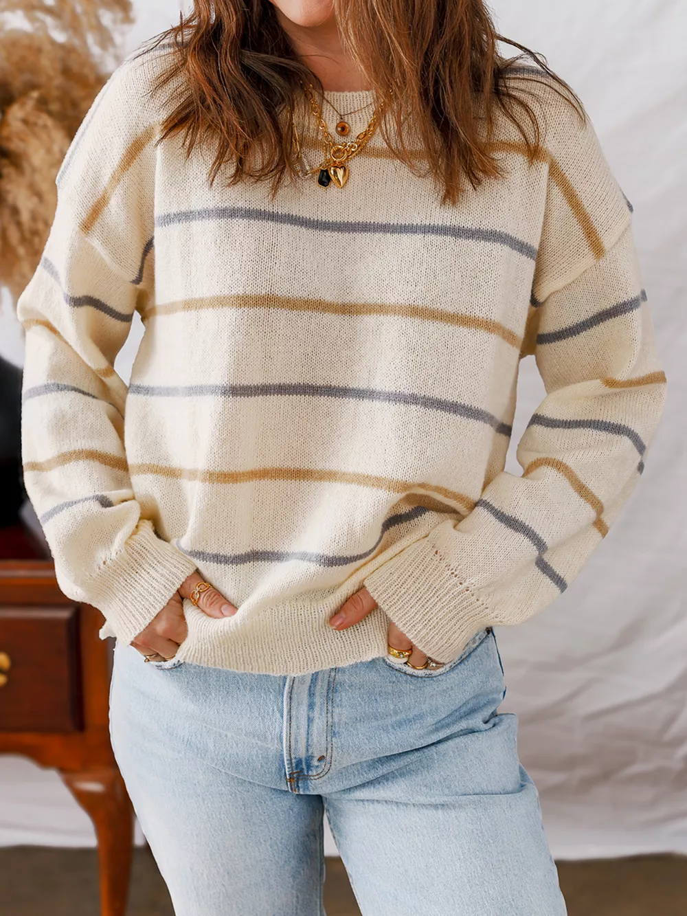 Stripe Striped Ribbed Edge Drop Shoulder Sweater, image 3
