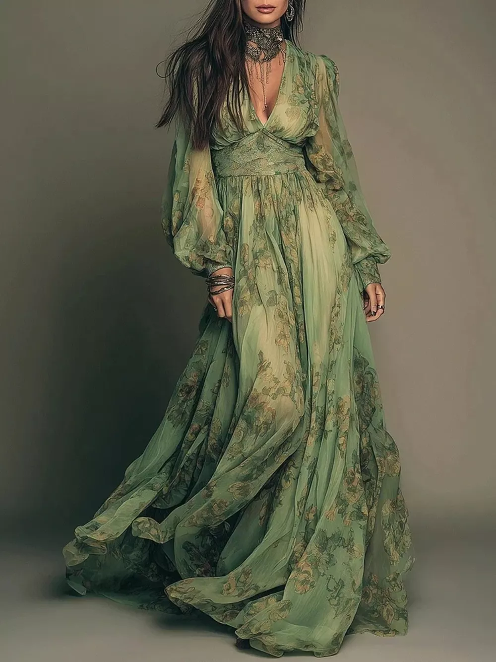 Floral Print V-Neck Maxi Dress