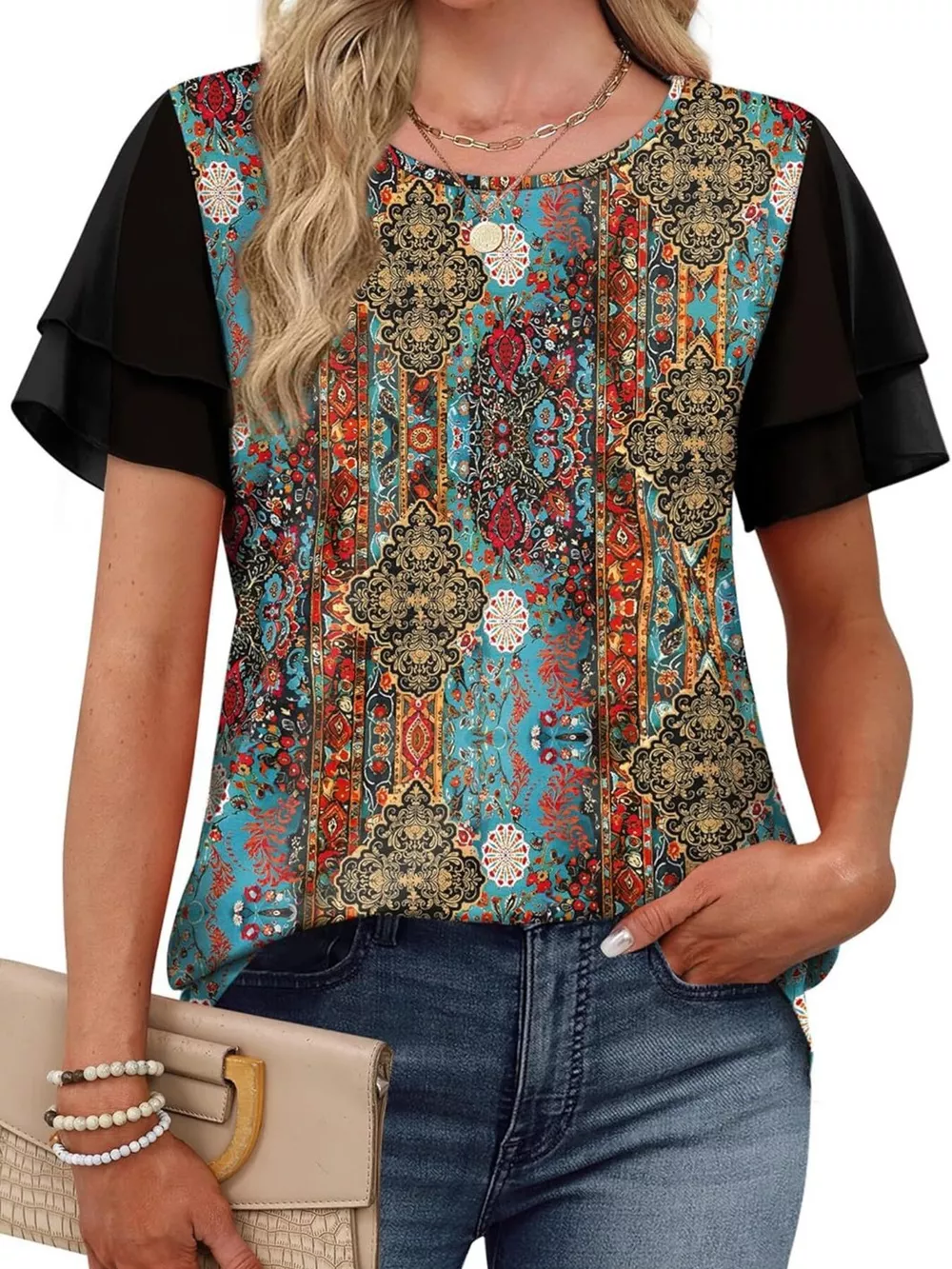 Layered Short Sleeve Round Neck T-Shirt, image 22