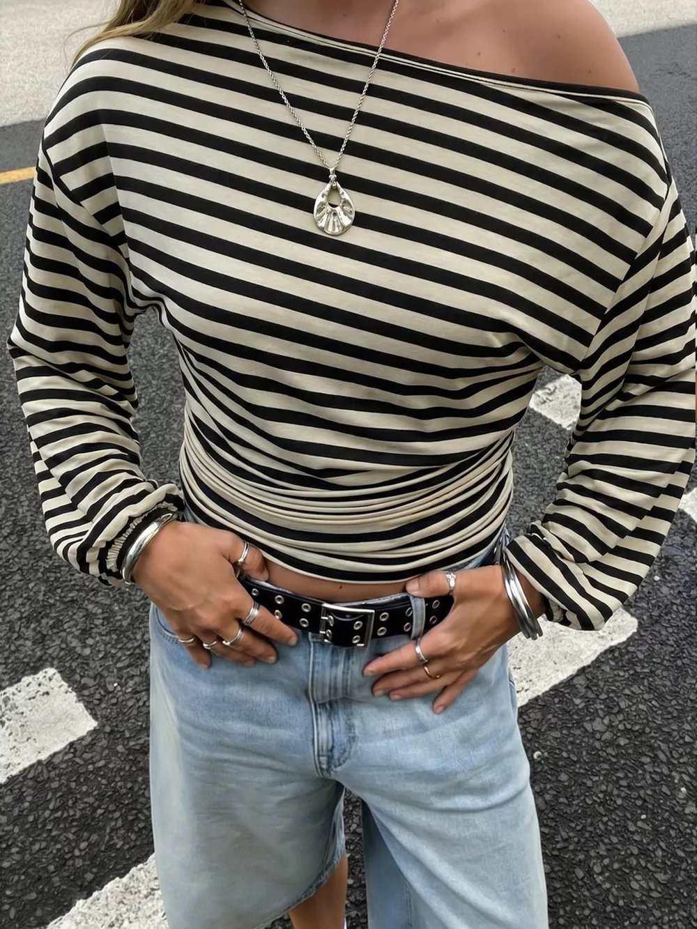One Shoulder Striped Long Sleeve Slim-Fit T-Shirt, image 3