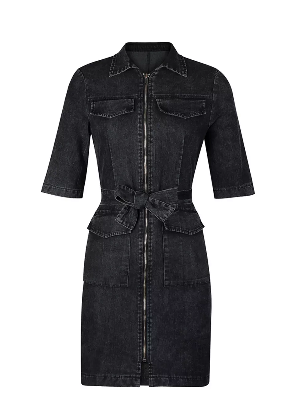 Zipper Front Short Sleeve Denim Dress, image 6