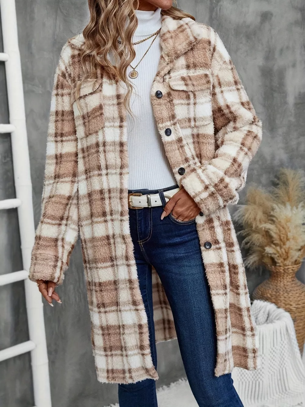 Plaid Fleece Button Up Longline Outerwear, image 2
