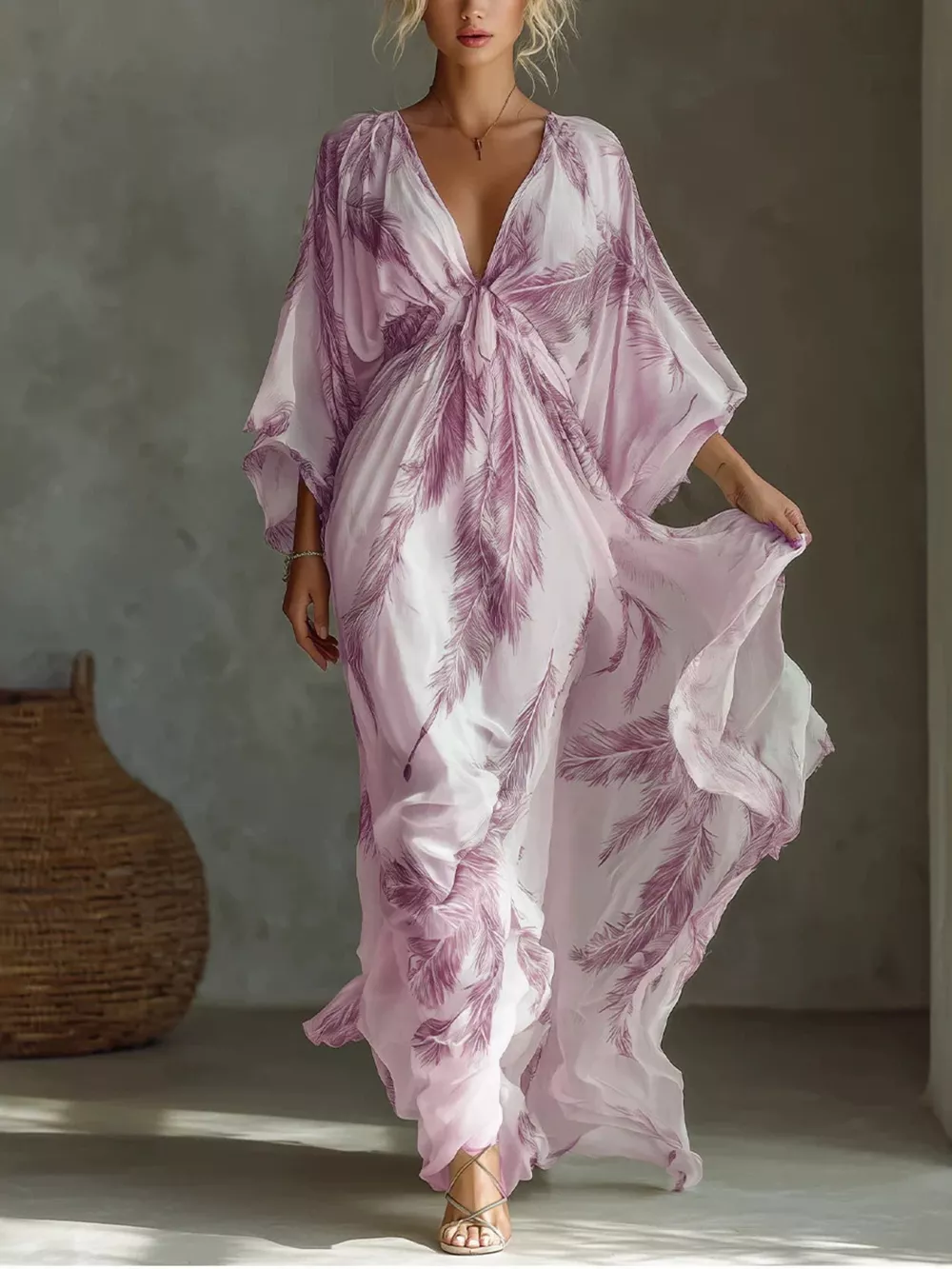 Full Size Feather Print V-Neck Flowy Maxi Dress Plus Size, image 10