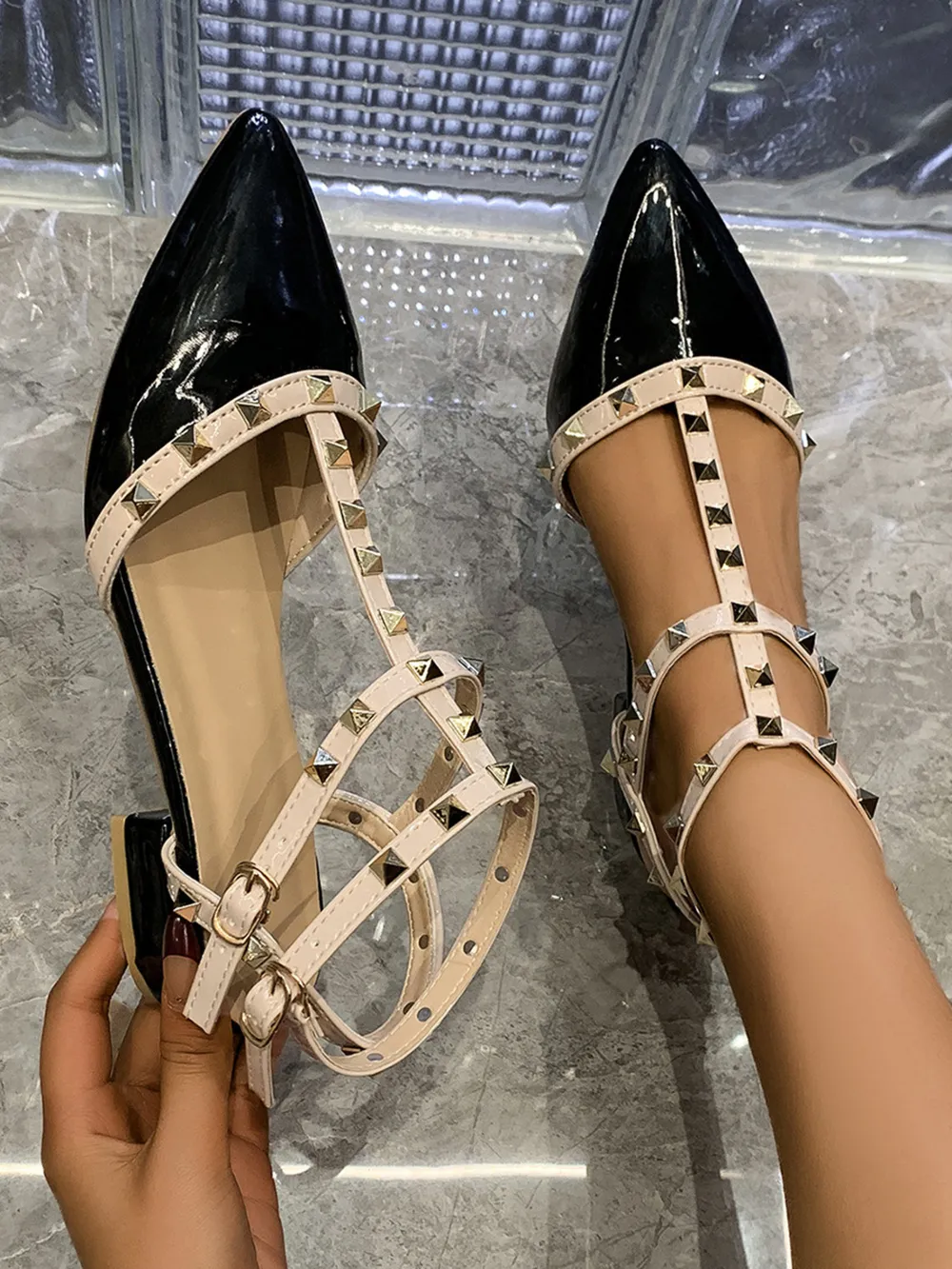Studded Point Toe Block Heels Sandals, image 2