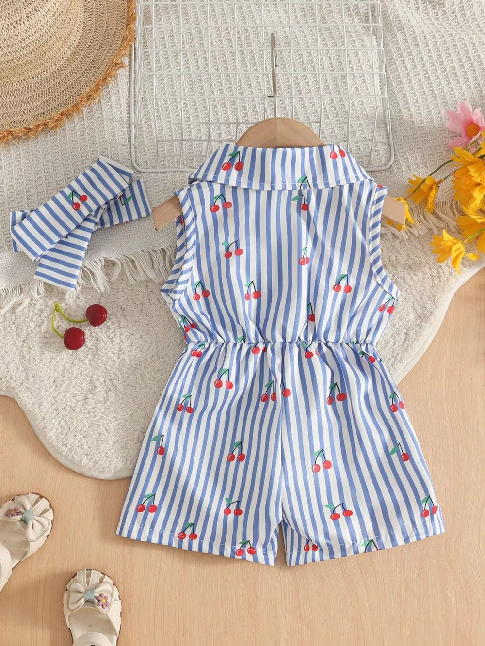 Children's Cherry Print Striped Sleeveless Romper with Headband, image 4
