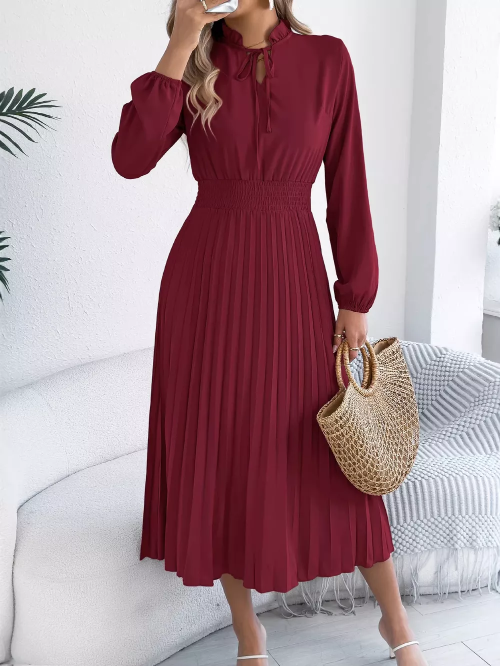 Smocked Pleated Tie Neck Dress
