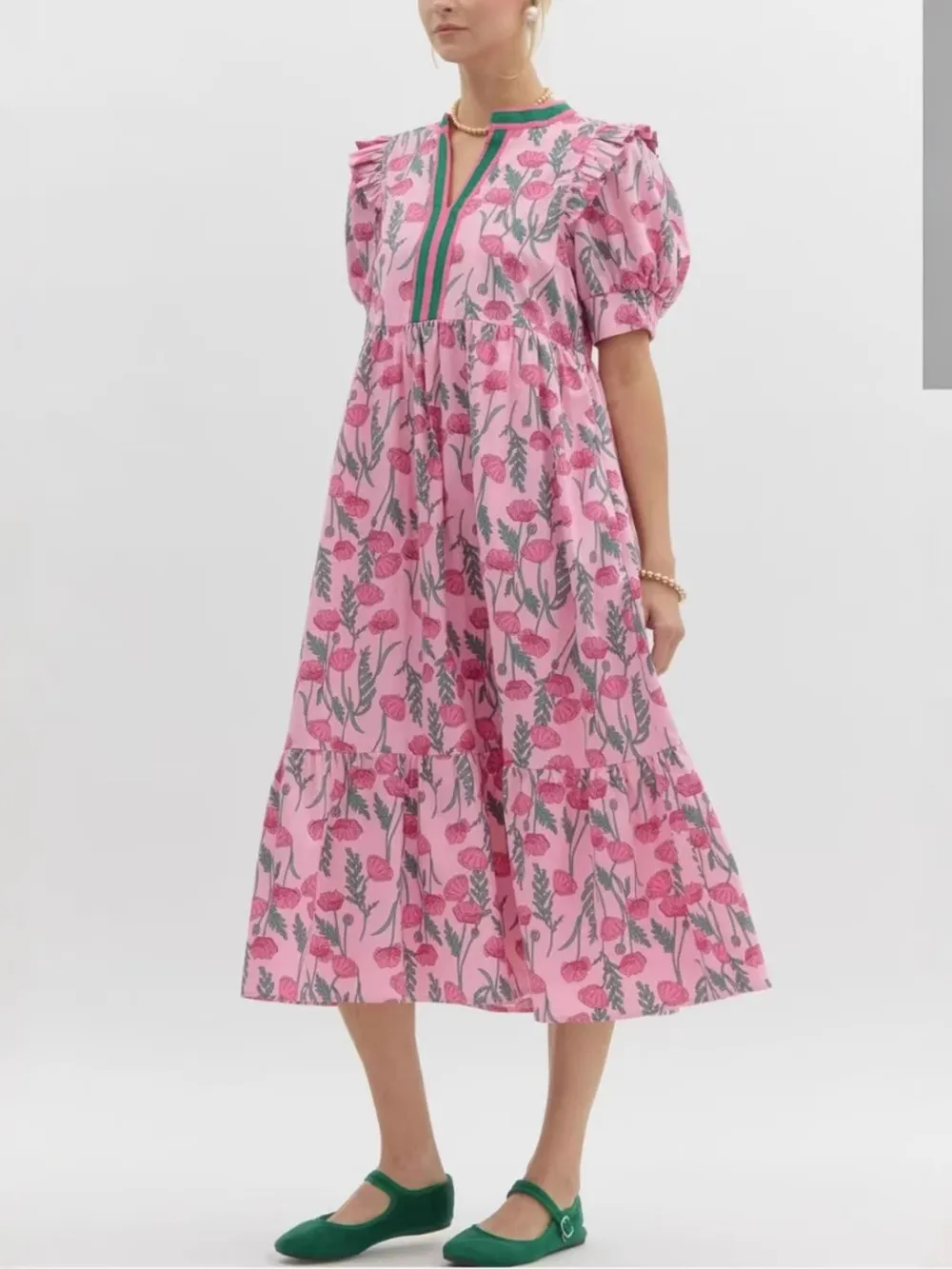 Floral Puff Sleeve Midi Dress with Contrast Trim, image 2