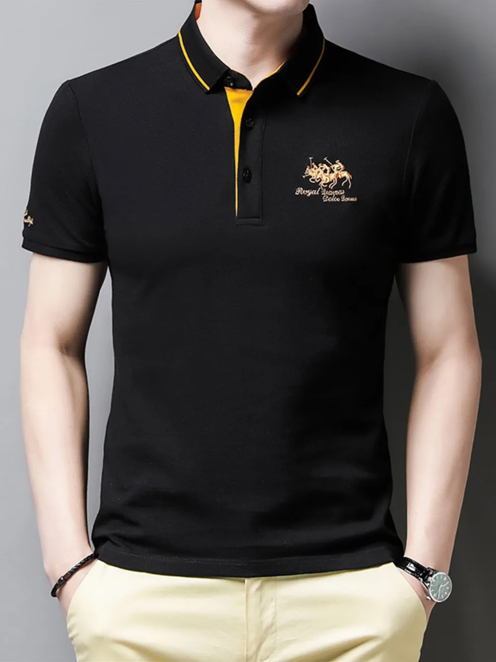 Men's Plus Size Embroidered Short Sleeve Contrast Polo
