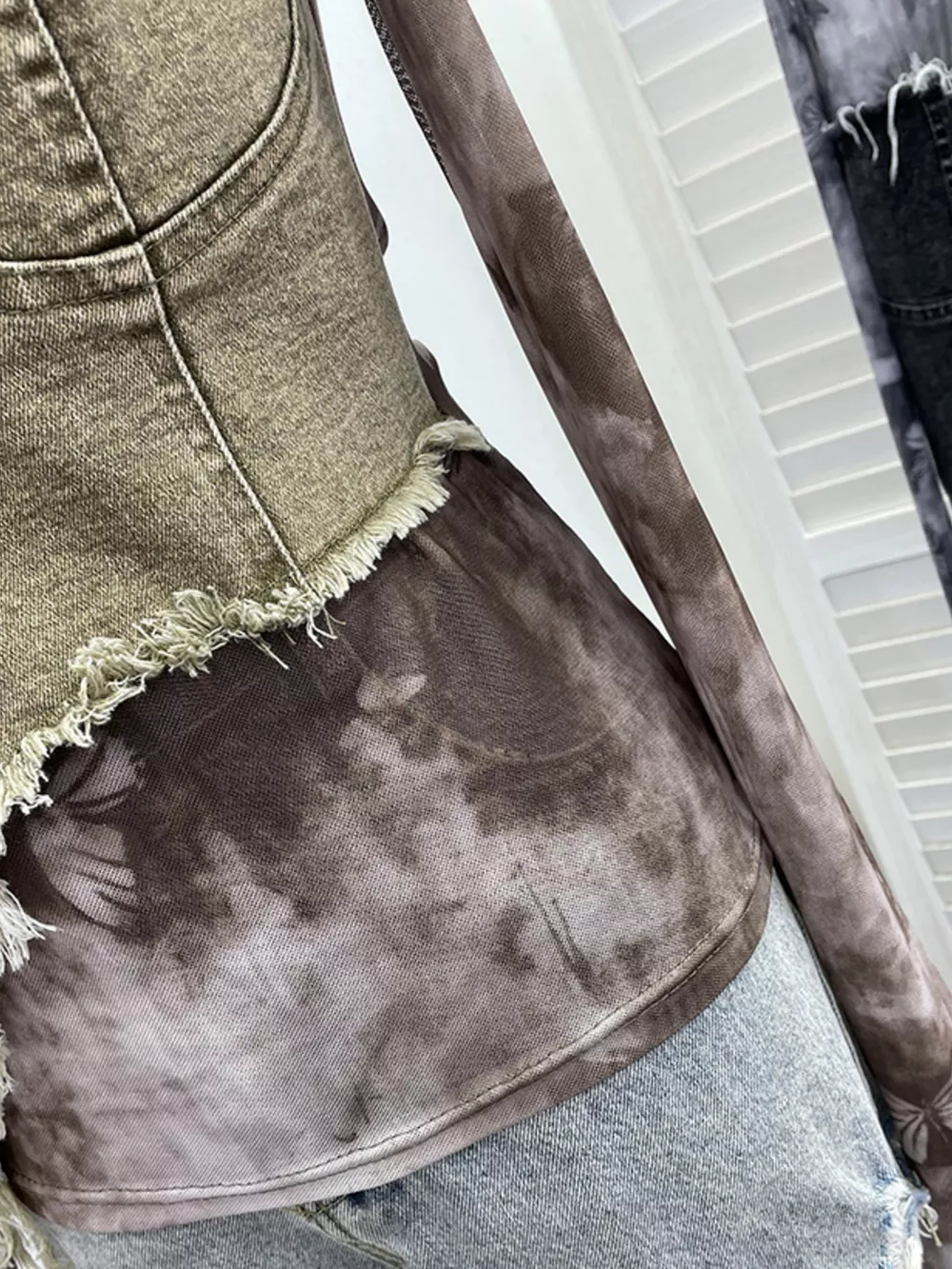 Asymmetrical Neck Denim Patchwork Top, image 8