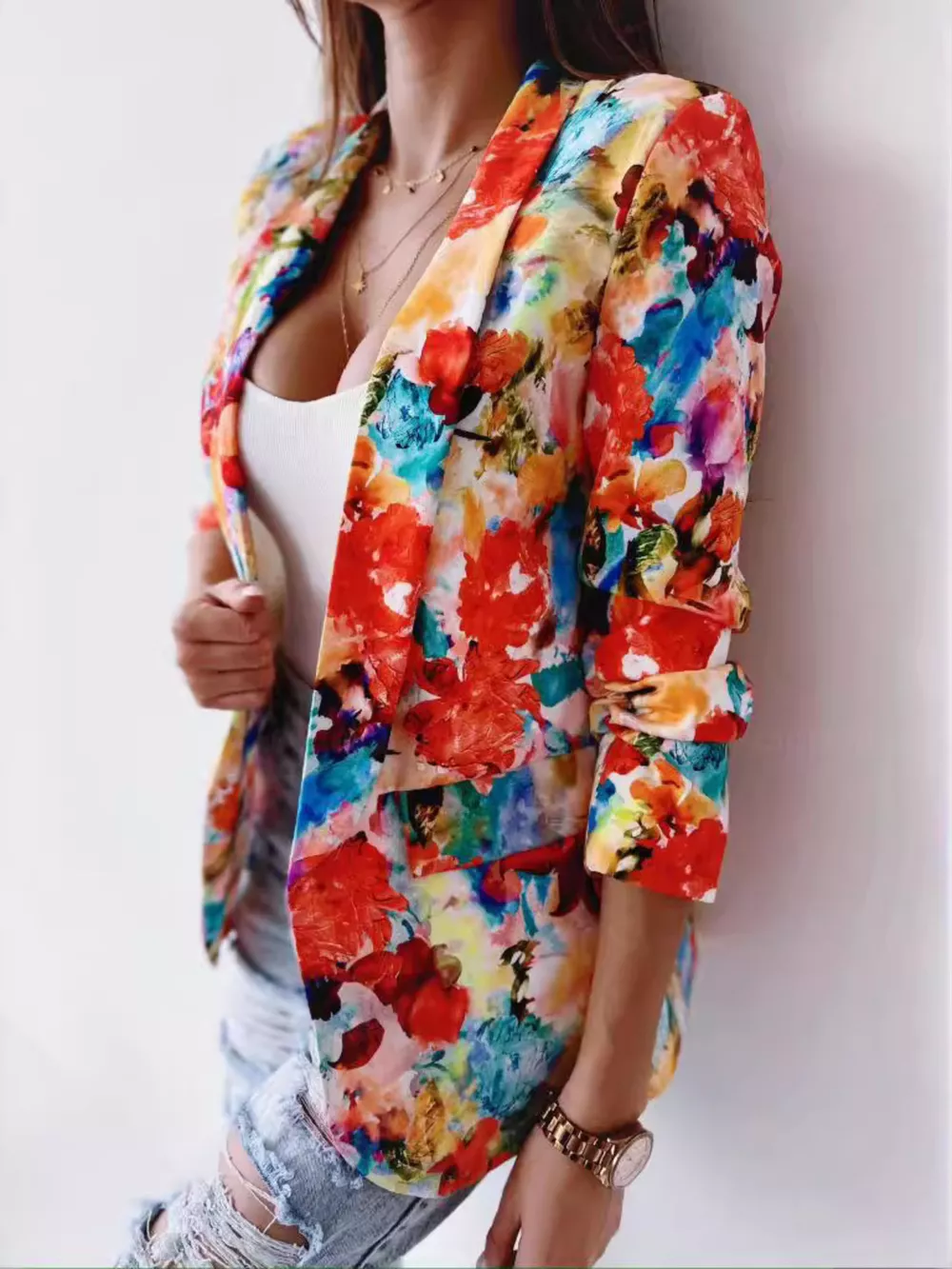Vibrant Floral Print Open Front Blazer, image 10