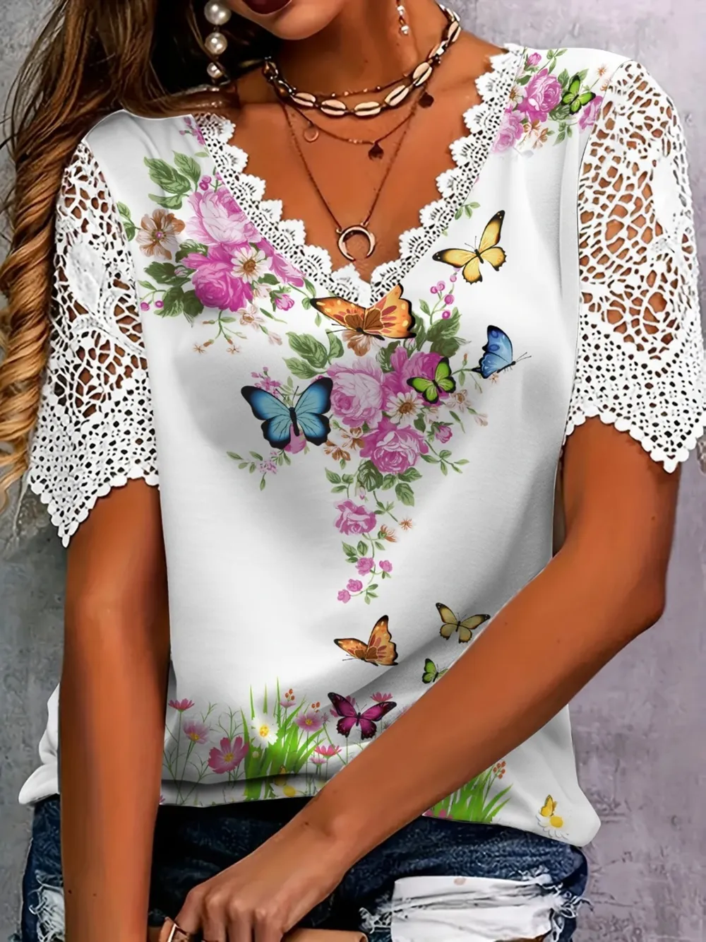 Full Size Printed Lace Sleeve V-Neck T-Shirt Plus Size, image 5