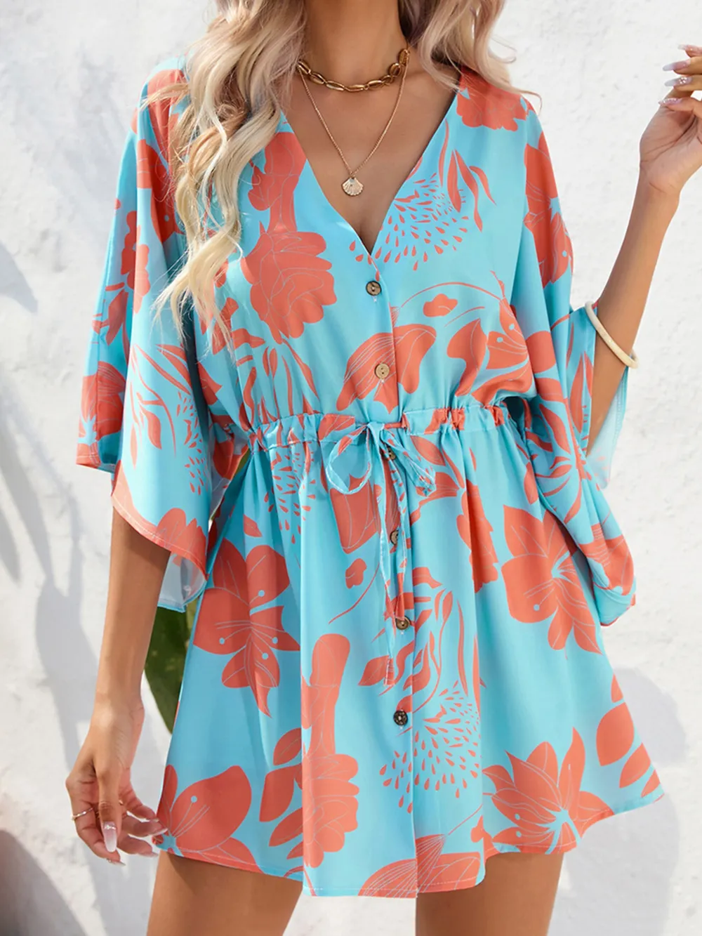 Color Block Drawstring Waist Button Up Dress, image 6