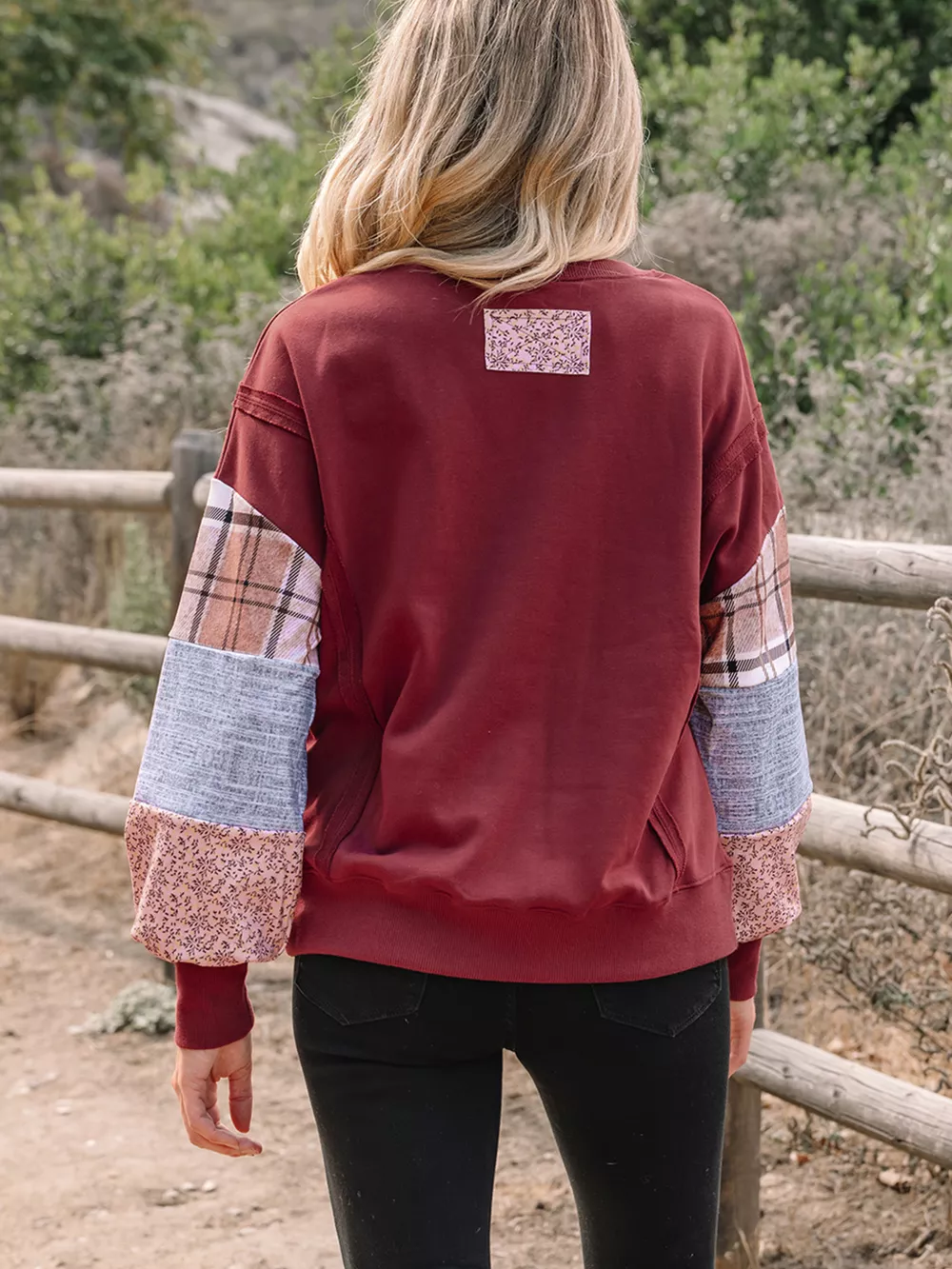 Plaid Colorblock Patchwork Sleeve Raw Seam Sweatshirt, image 2