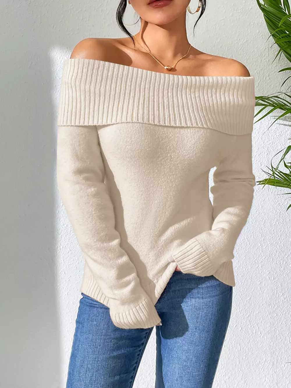 Ribbed Knit Off Shoulder Sweater, image 2