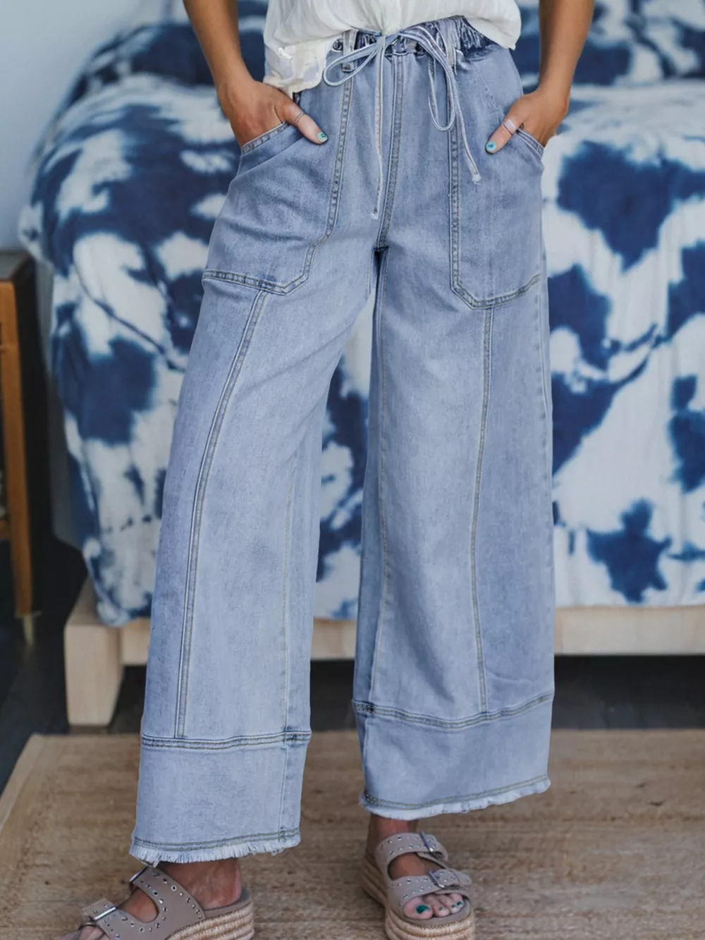 Wide Leg Drawstring Raw Hem Jeans, image 4