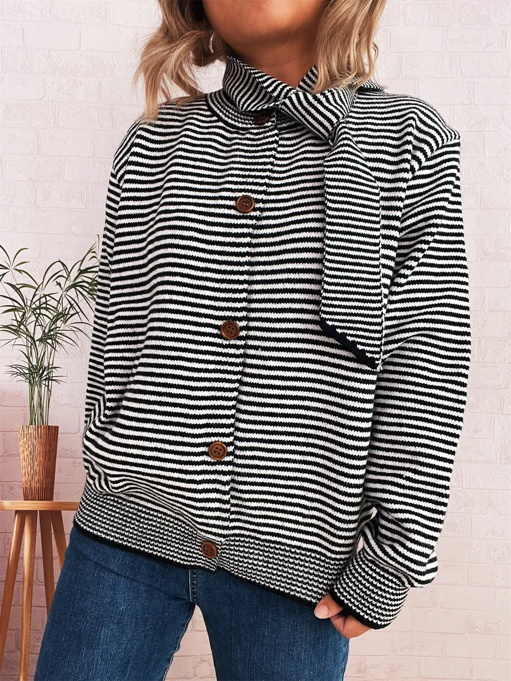 Striped Button Up Long Sleeve Cardigan, image 3