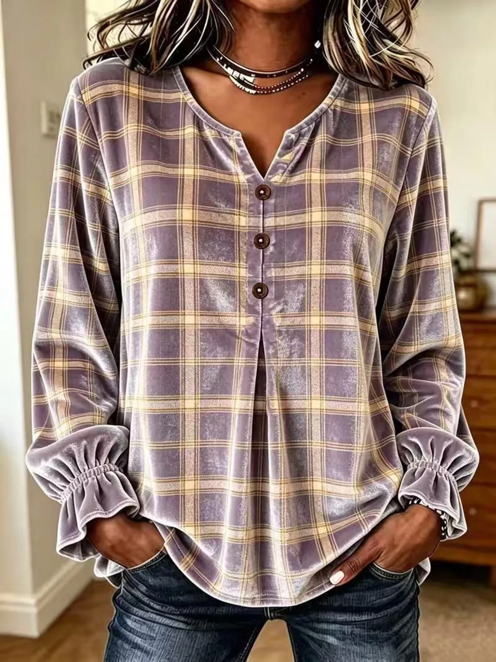 Full Size Plaid Velvet Flounce Sleeve Blouse Plus Size, image 6