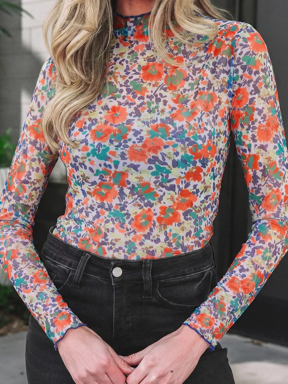 Floral Print Sheer Mesh Long Sleeve Mock Neck Top, image 4