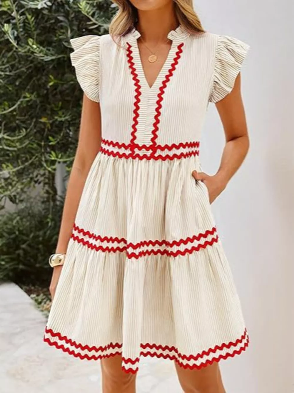 Striped Ruffle Sleeve Tiered Dress, image 3