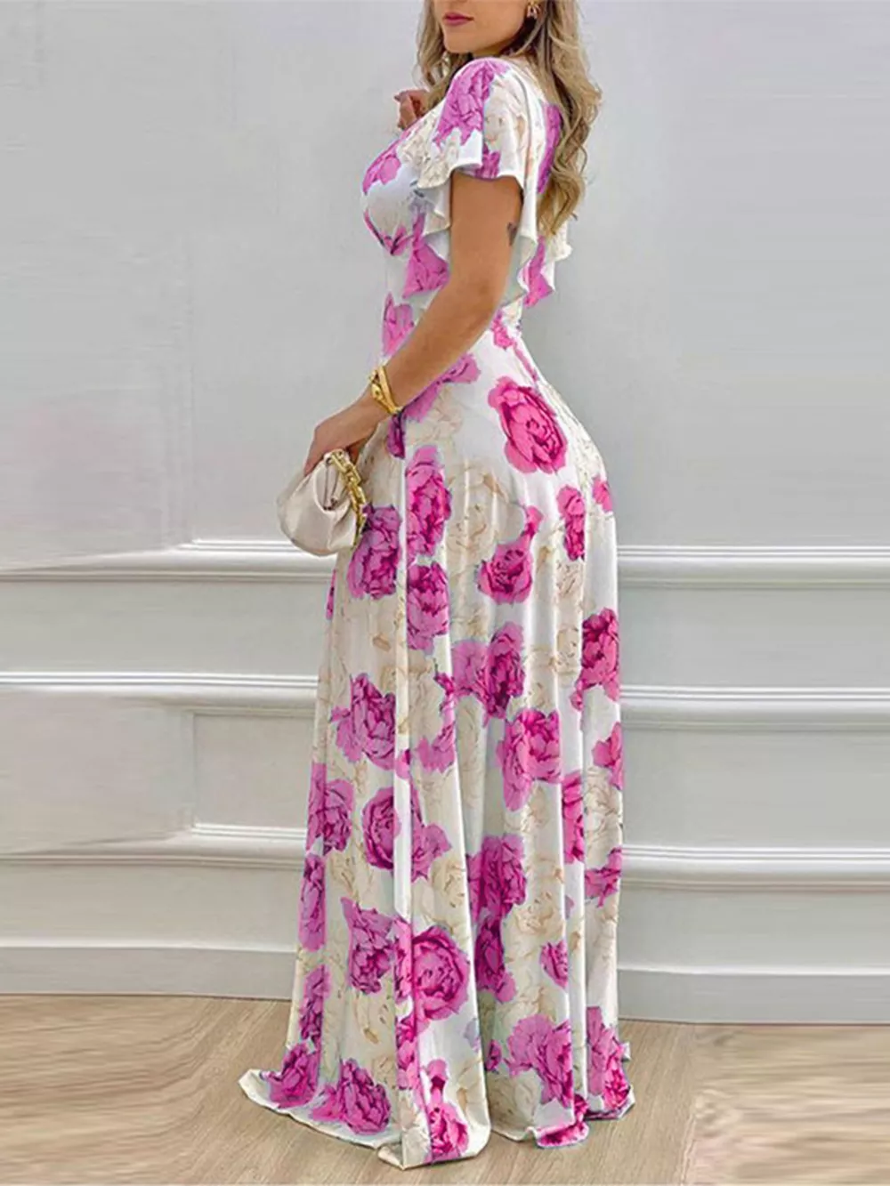 Floral Print V-Neck Ruffle Sleeve Maxi Dress, image 12