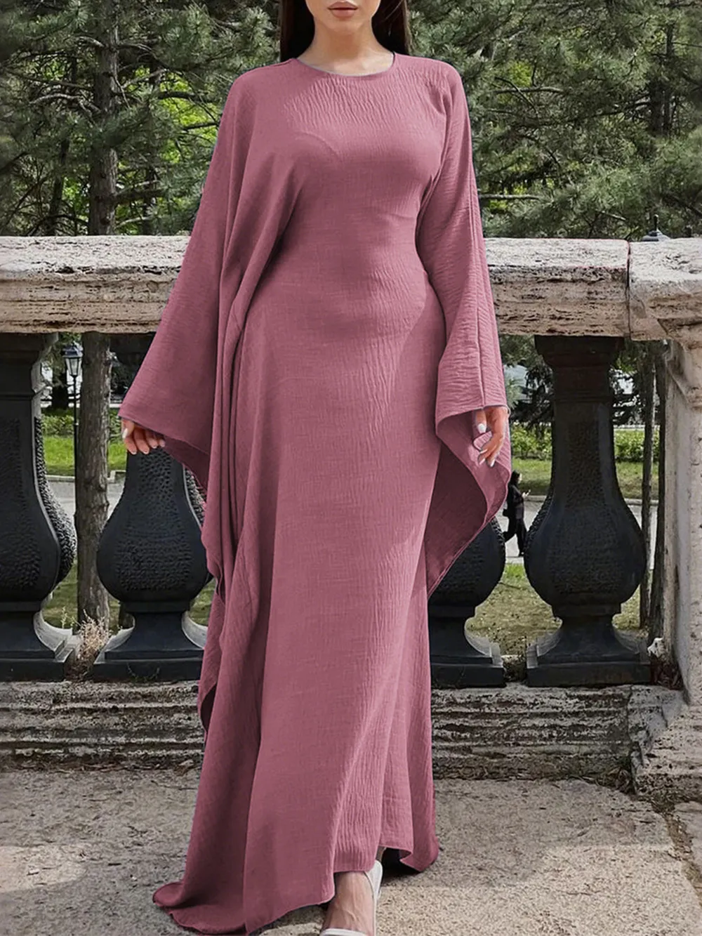 Round Neck Maxi Dress with Flowing Cape Sleeves, image 4