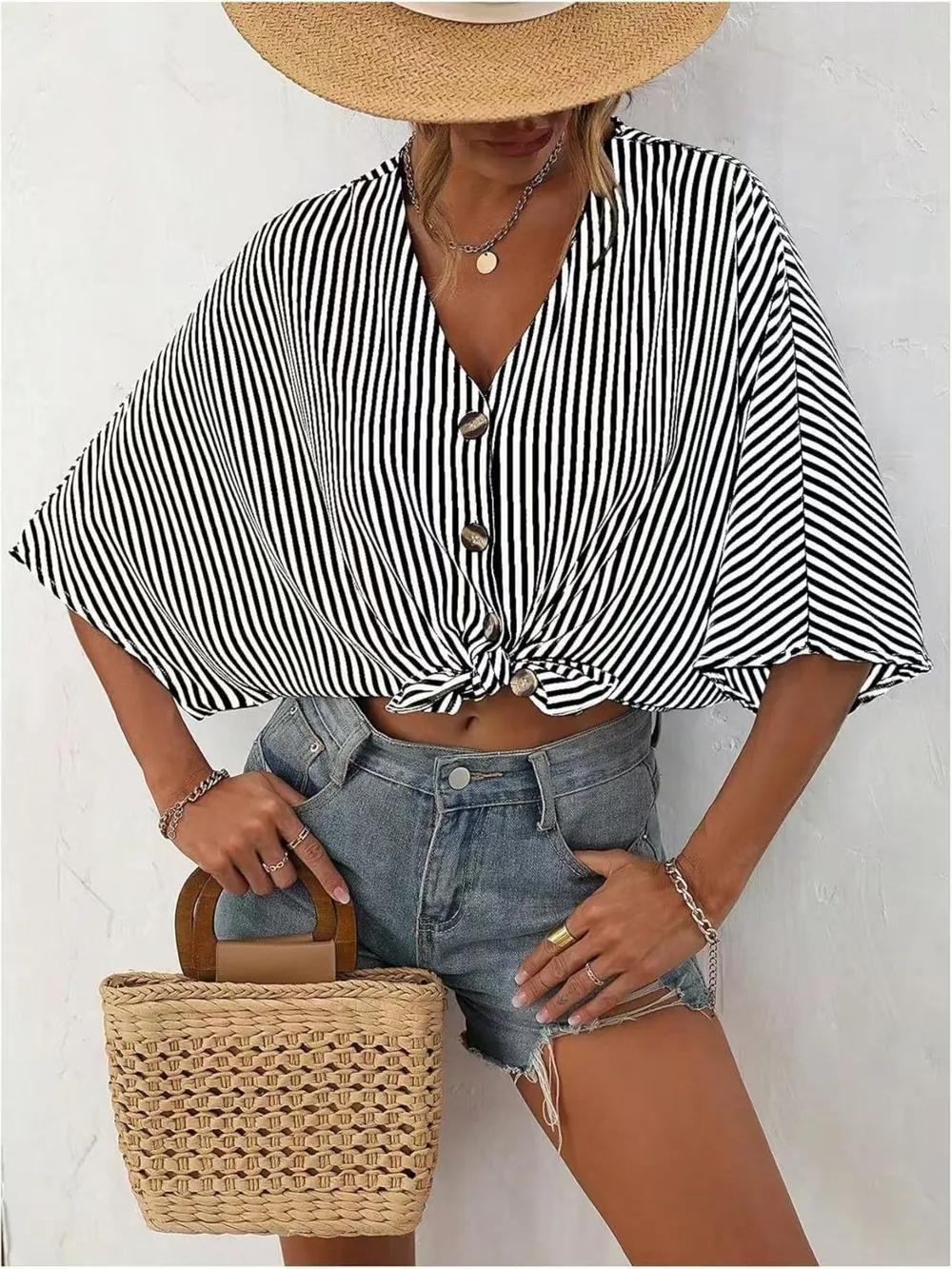 V-Neck Striped Batwing Sleeve Casual Blouse, image 6