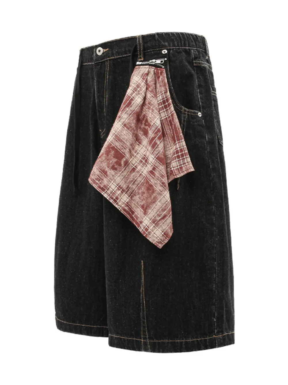 Men's Wide-Leg Denim Shorts with Plaid Accent, image 3