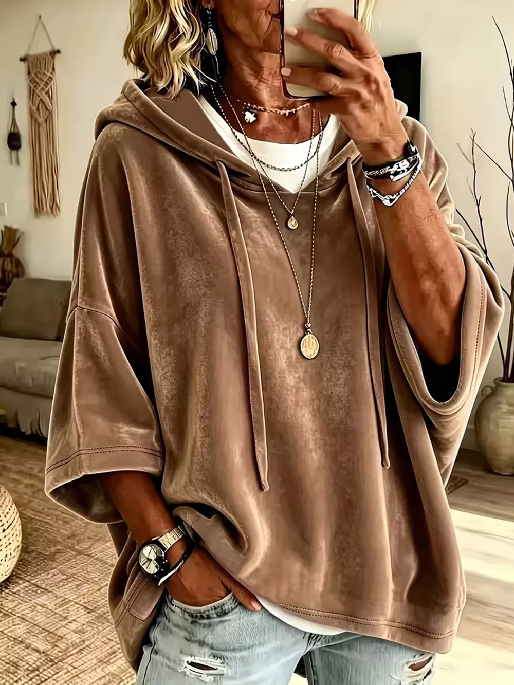 Velvet Loose Fit Hoodie with Drawstring, image 10