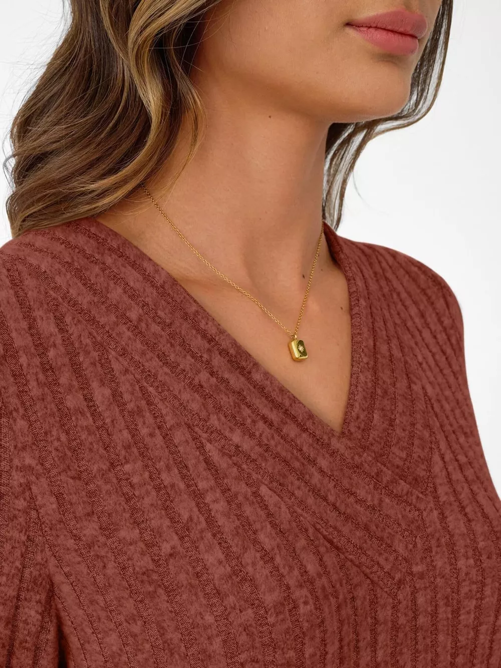 Ribbed Knit V-Neck Long Sleeve T-Shirt, image 21