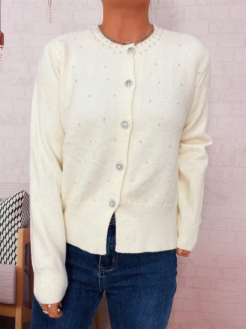 Pearl Detail Button-Front Cardigan, image 16