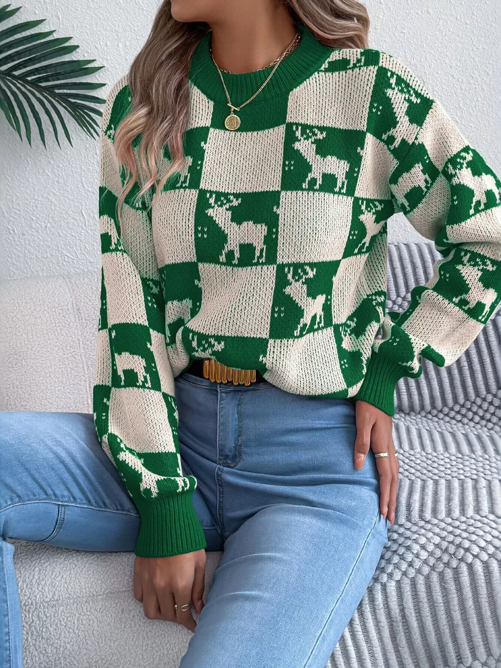 Reindeer Checkerboard Pattern Pullover Sweater, image 7