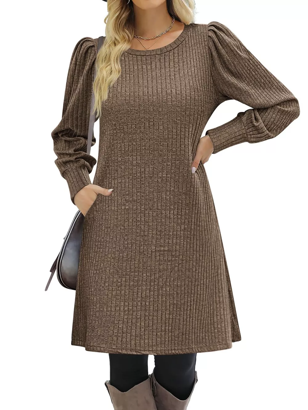 Ribbed Knit Puff Sleeve Casual Mini Dress, image 8