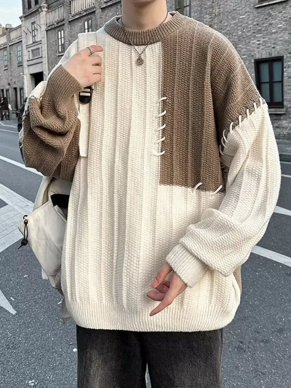 Men's Color Block Round Neck Knitted Pullover, image 2
