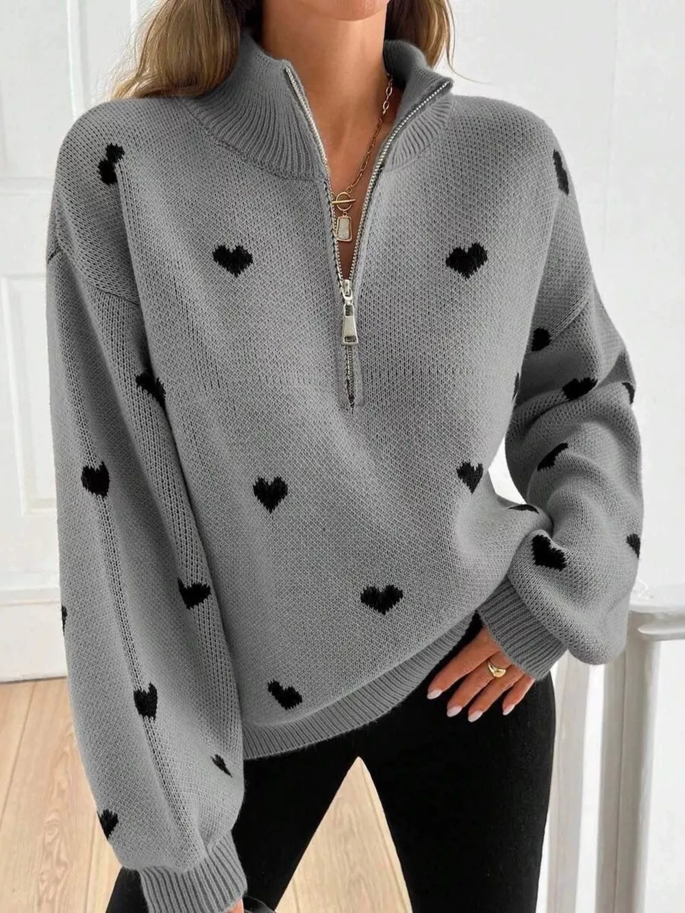 Full Size Heart Half-Zip Long Sleeve Sweater Plus Size, image 3