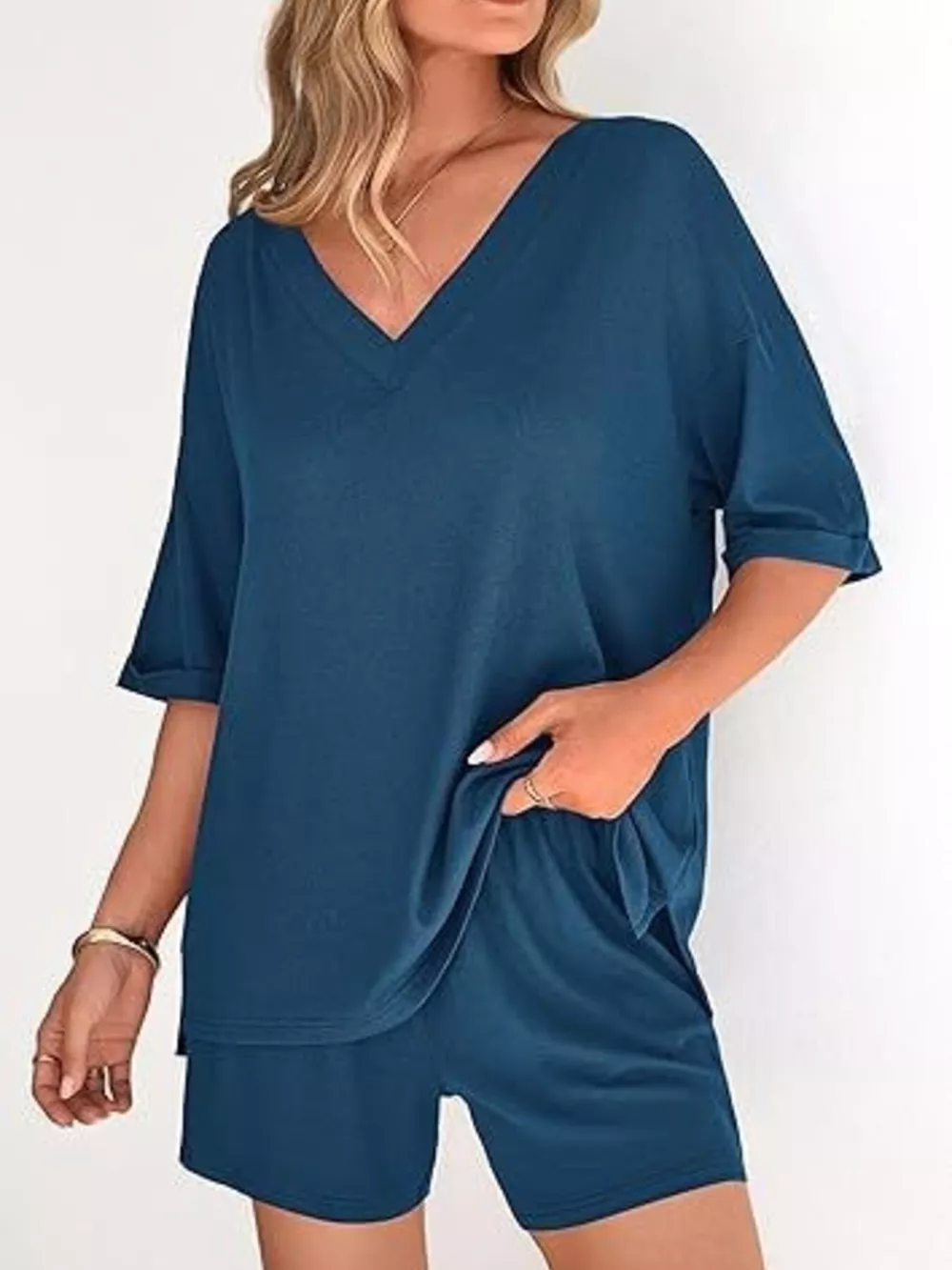 Solid Color V-Neck and Shorts Set, image 3