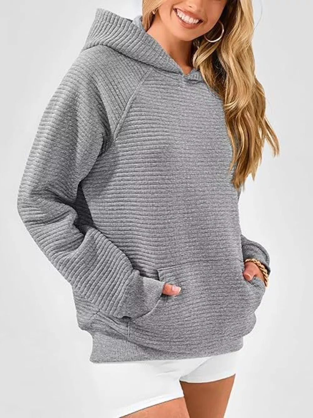 Texture Kangaroo Pocket Raglan Sleeve Hoodie, image 2