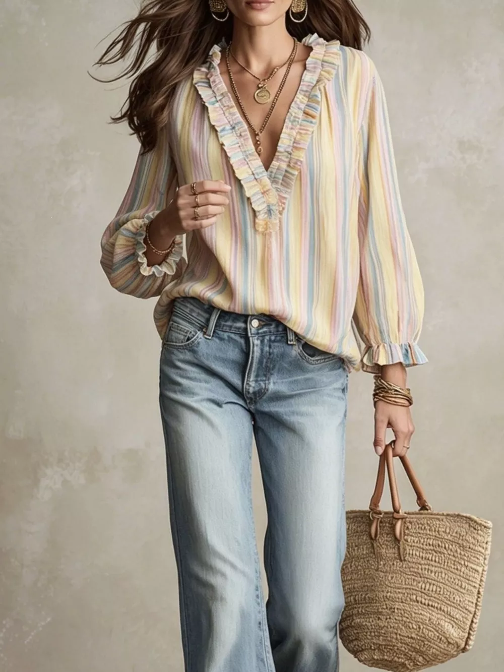 Striped Ruffle-Trim V-Neck Blouse, image 2