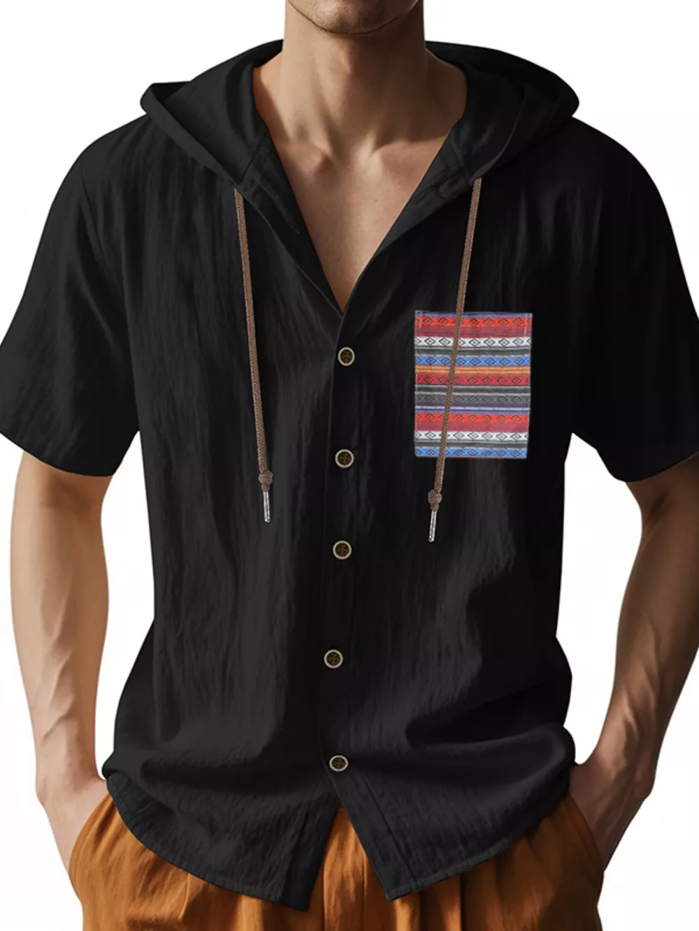 Men's Full Size Casual Hooded Short Sleeve Shirt Plus Size