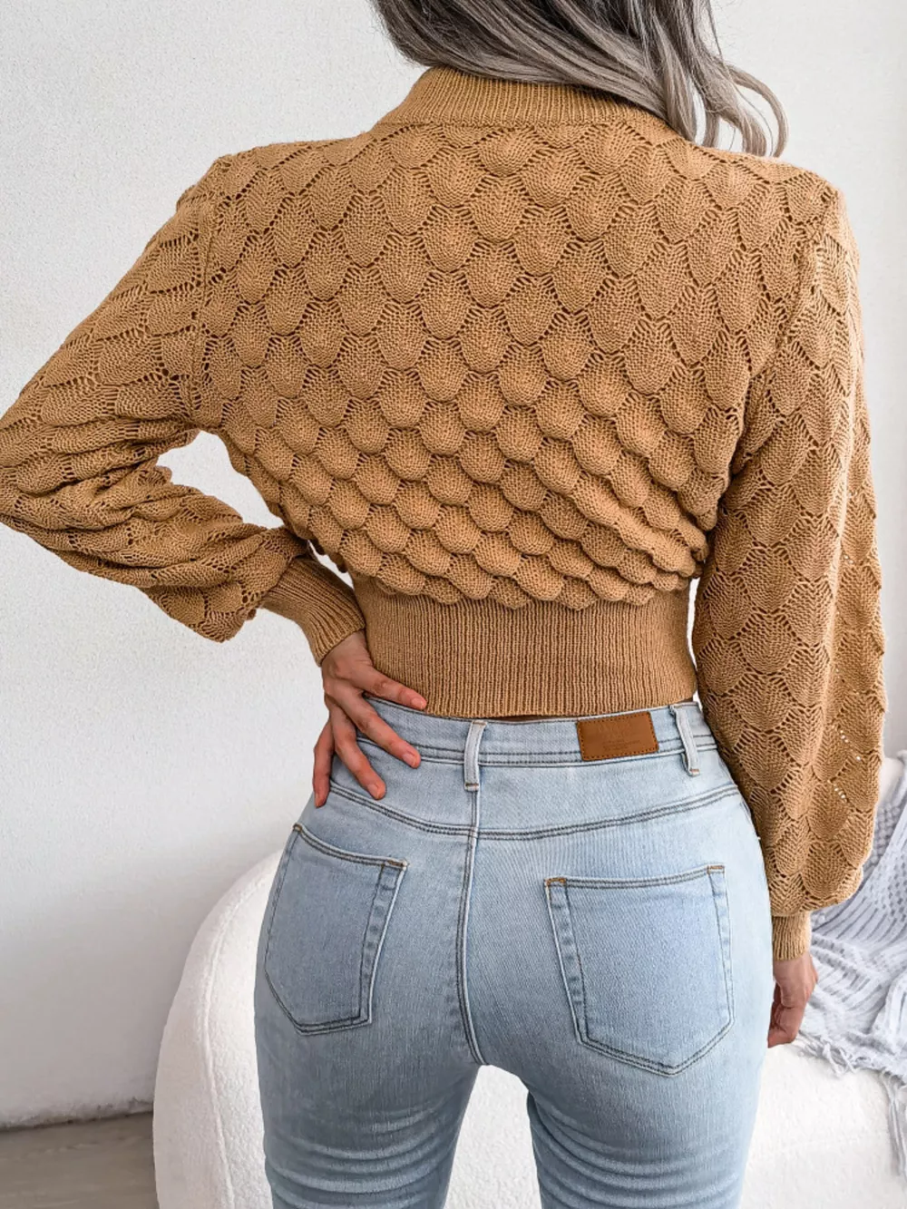 Mock Neck Textured Cropped Sweater, image 2