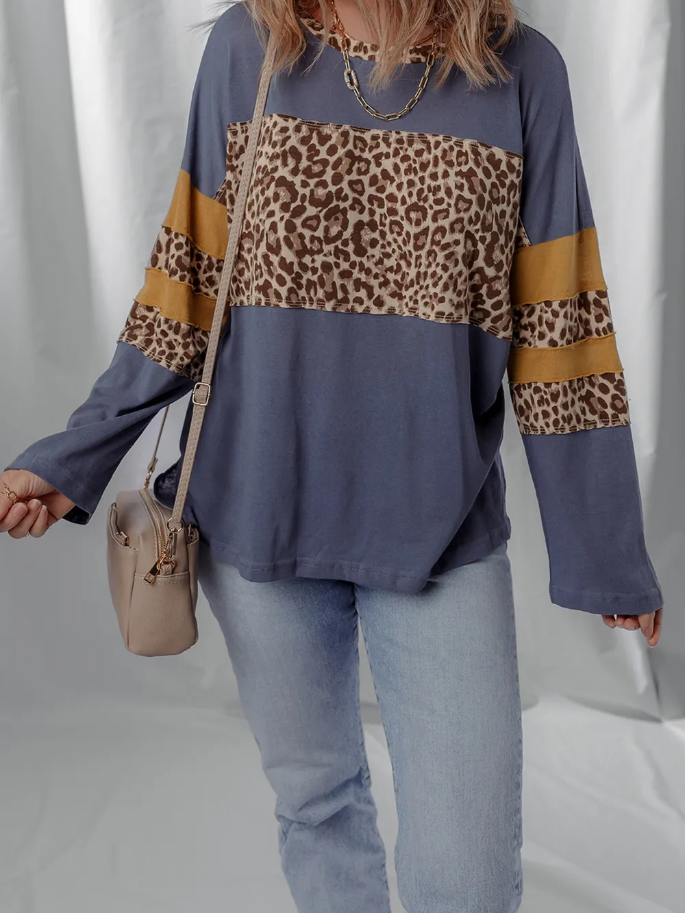 Leopard Color Block Long Sleeve Drop Shoulder Top, image 2
