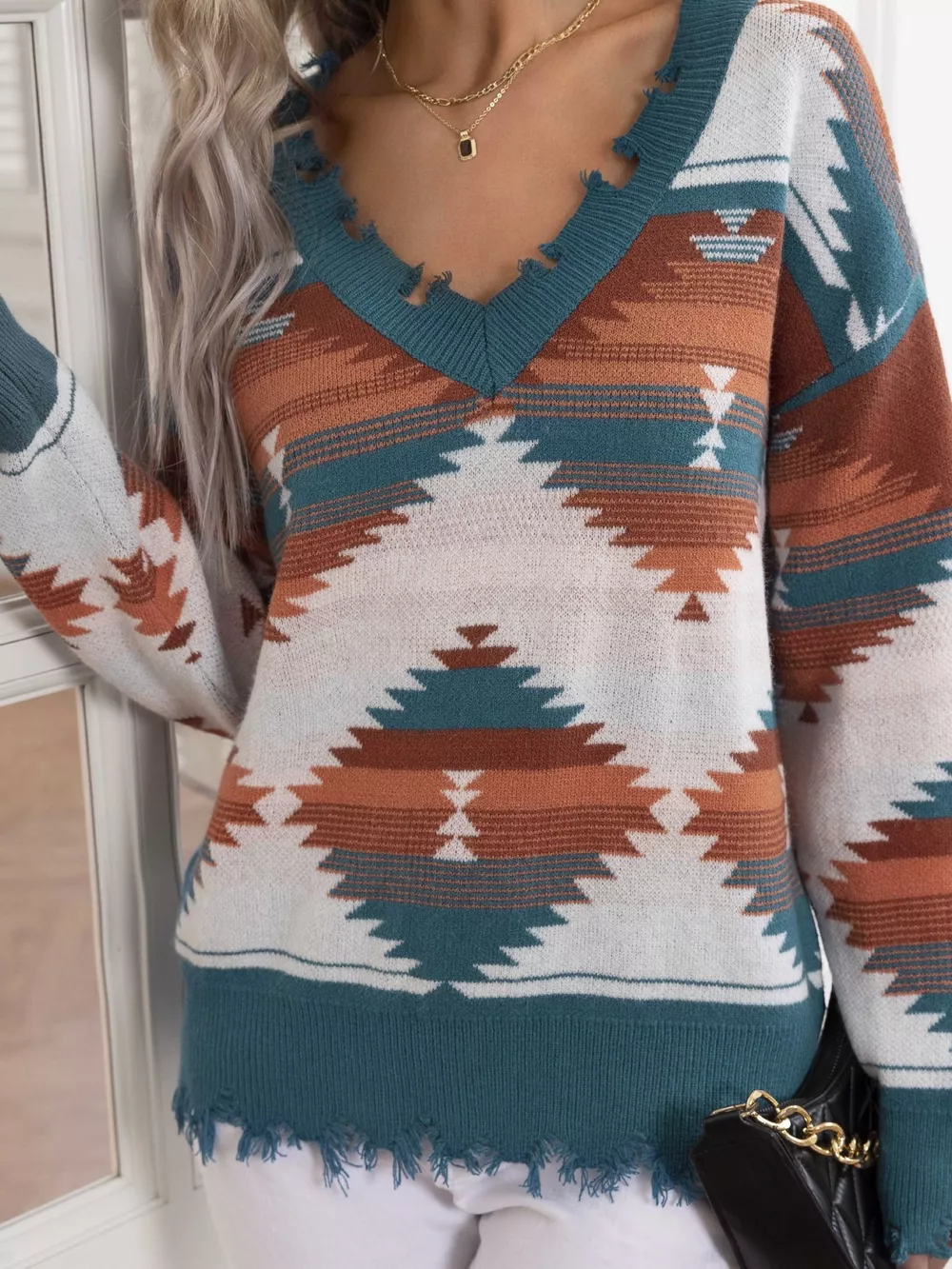 Geometric Frayed Hem V-Neck Long Sleeve Sweater, image 21