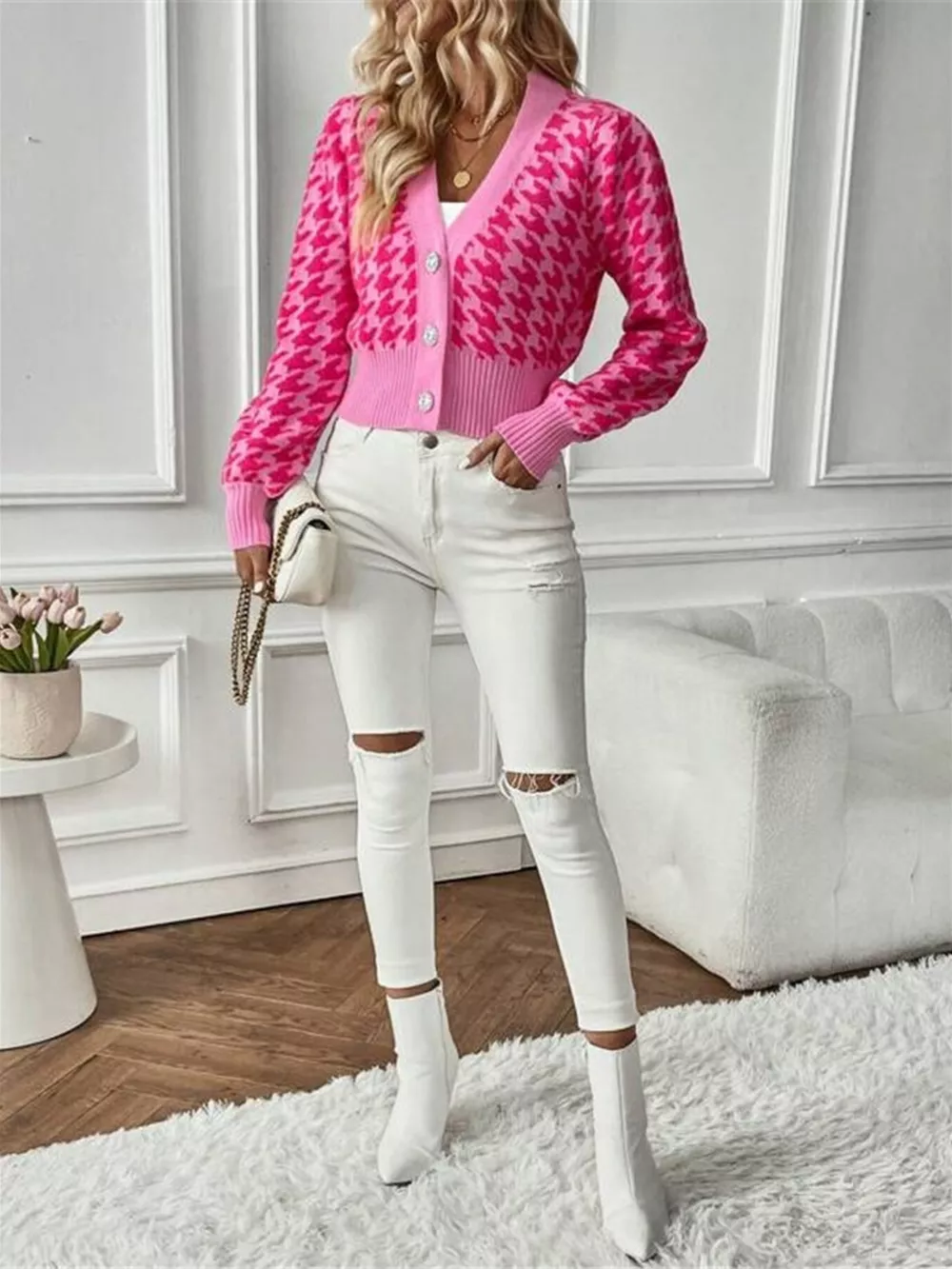 Houndstooth V-Neck Button Up Cardigan, image 5