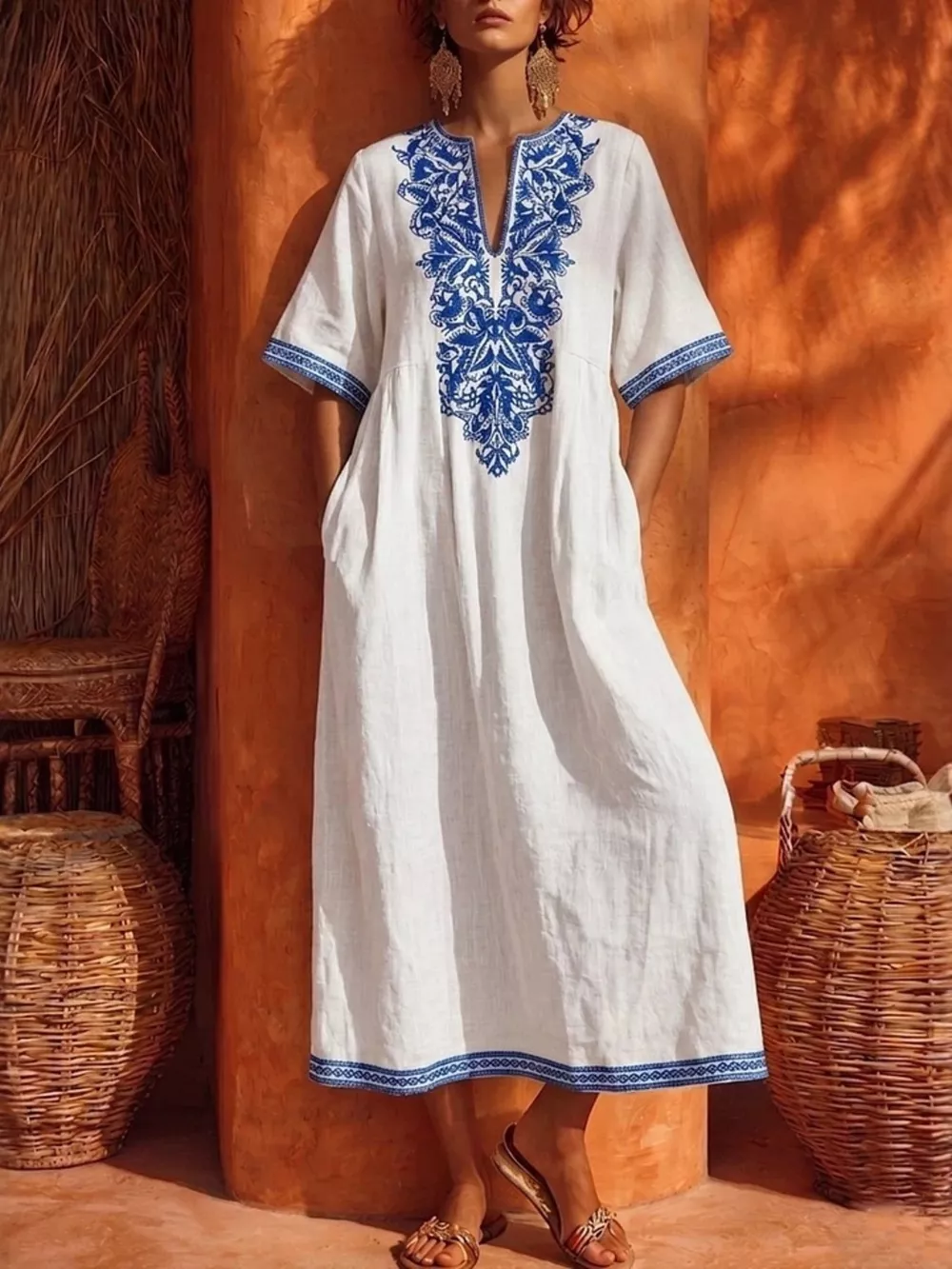 Printed Notched Half Sleeve Midi Dress, image 2