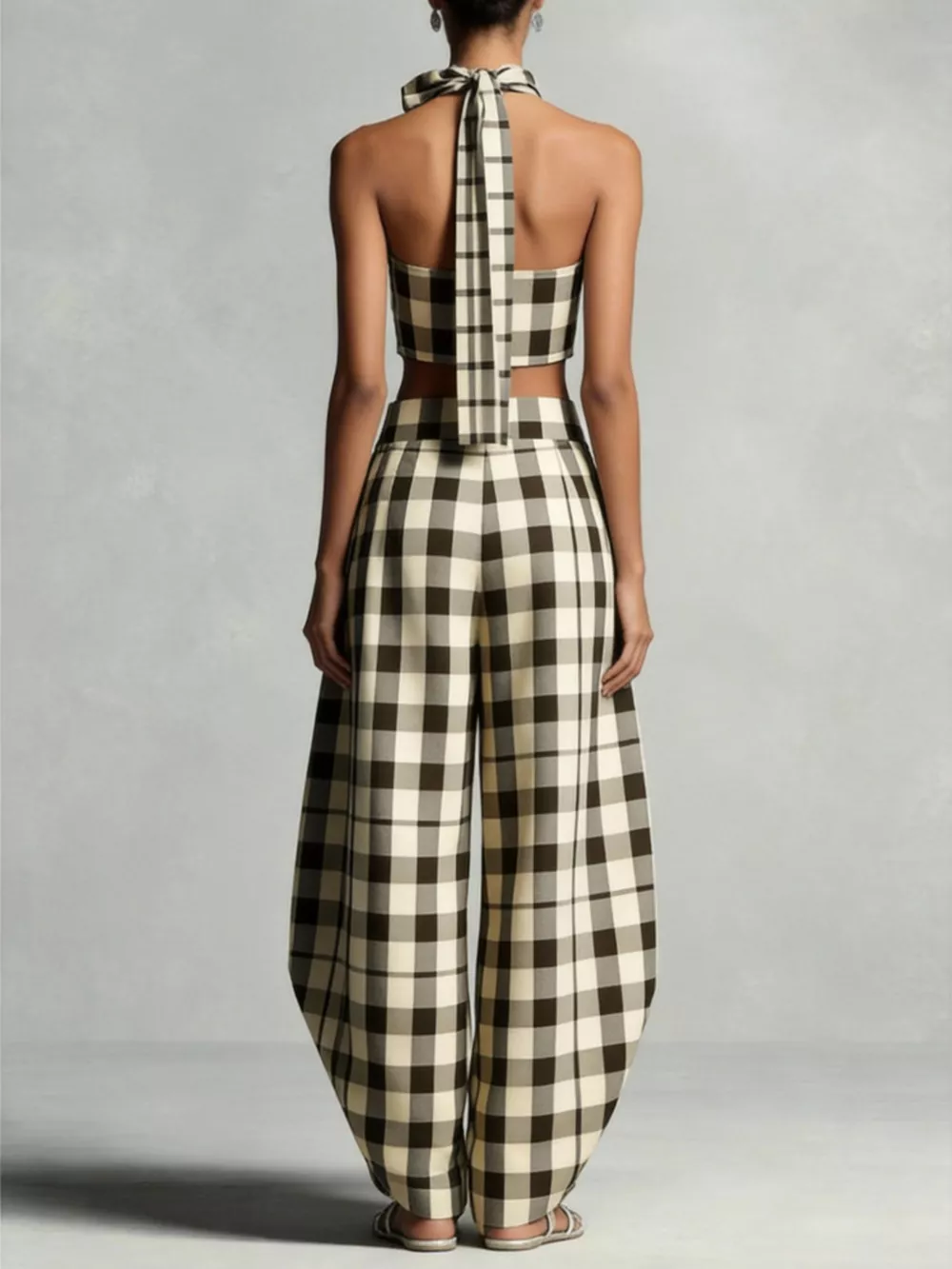 Plaid Halter Neck Crop Top and Wide-Leg Pants Two-Piece Set, image 3
