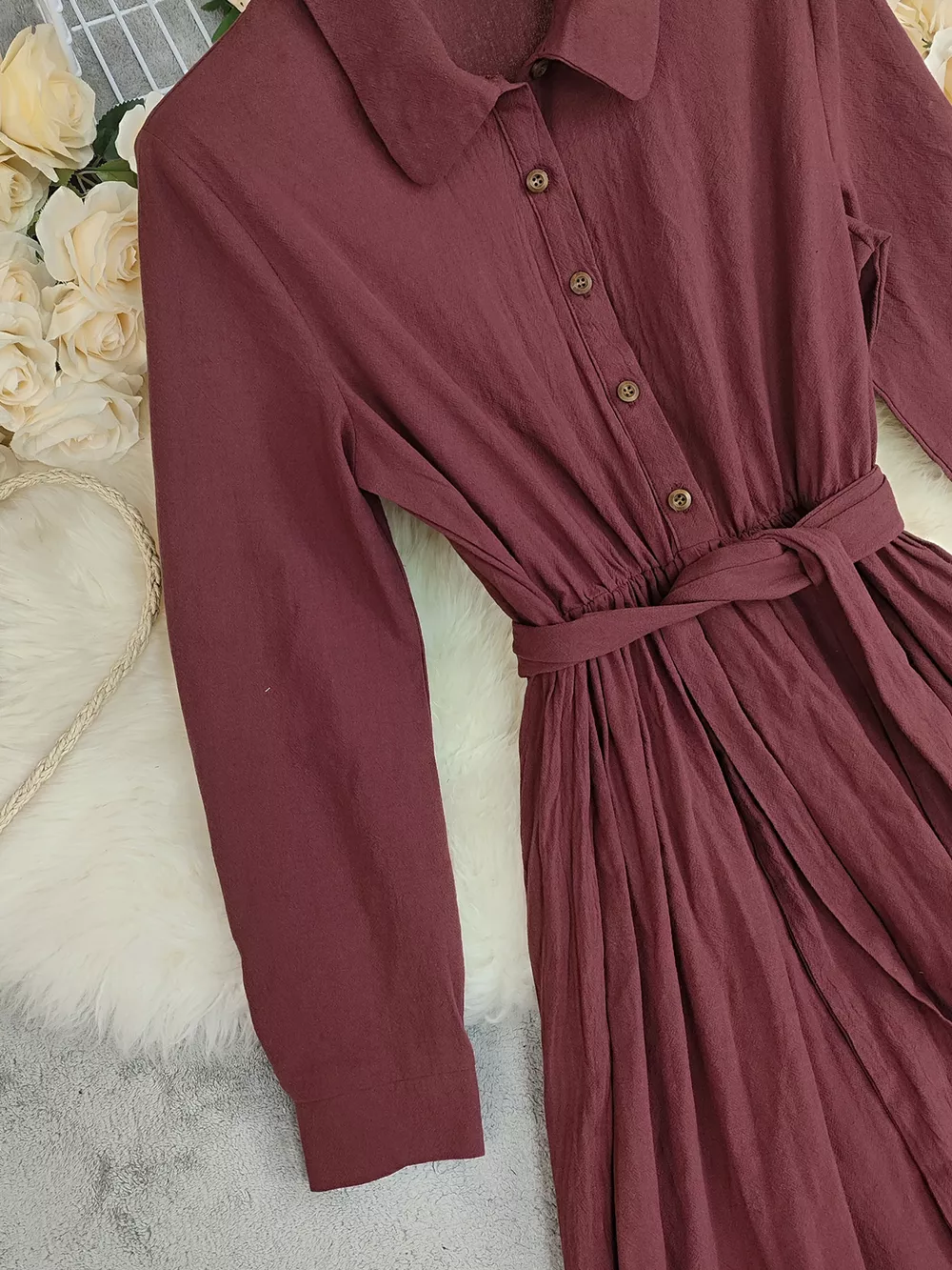 Tie Waist Long Sleeve Ruffled Hem Dress, image 12