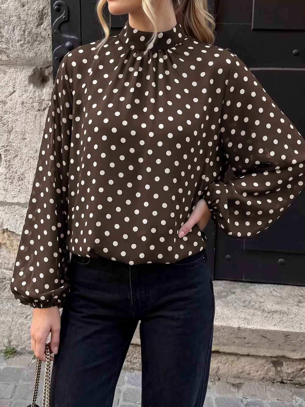 Polka Dot Mock Neck Long Sleeve Blouse, image 3