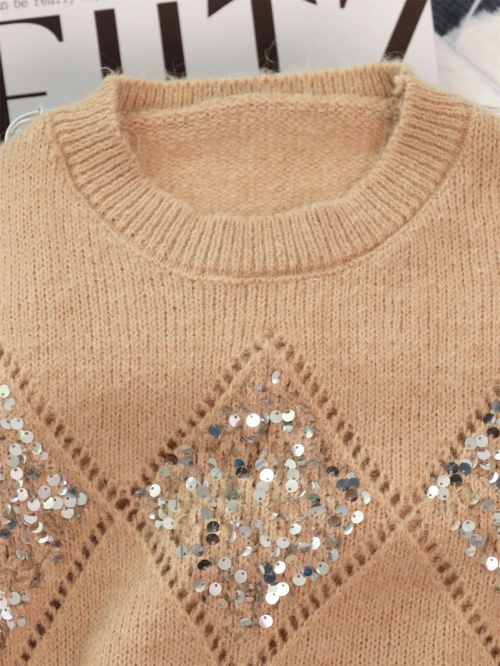 Sequined Diamond Pattern Oversized Sweater, image 15
